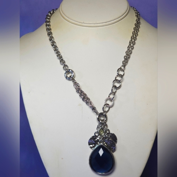 Chico's Silver Tone Chain Necklace W/ Blue Teardrop Pendant - Picture 1 of 8